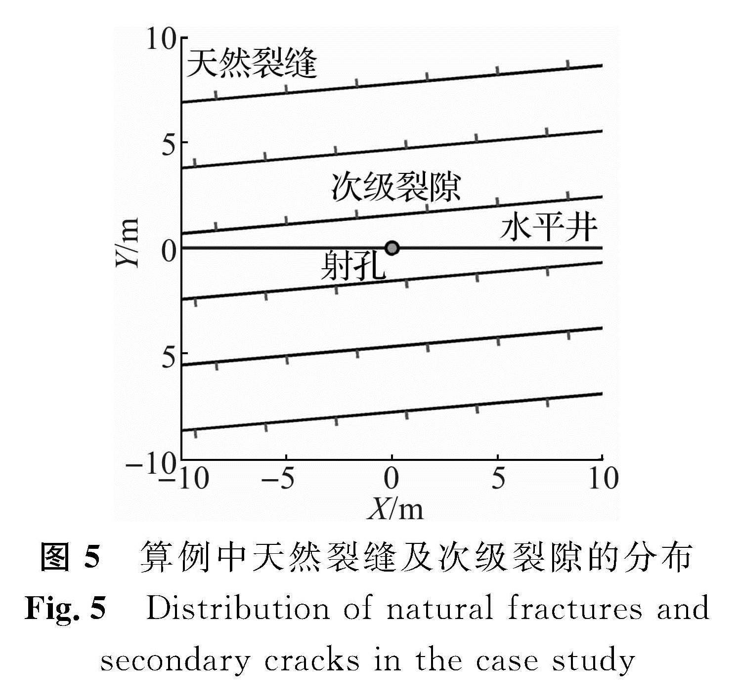 图5 算例中天然裂缝及次级裂隙的分布<br/>Fig.5 Distribution of natural fractures and secondary cracks in the case study