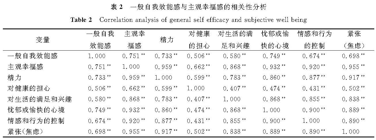 表2 一般自我效能感与主观幸福感的相关性分析<br/>Table 2 Correlation analysis of general self-efficacy and subjective well-being