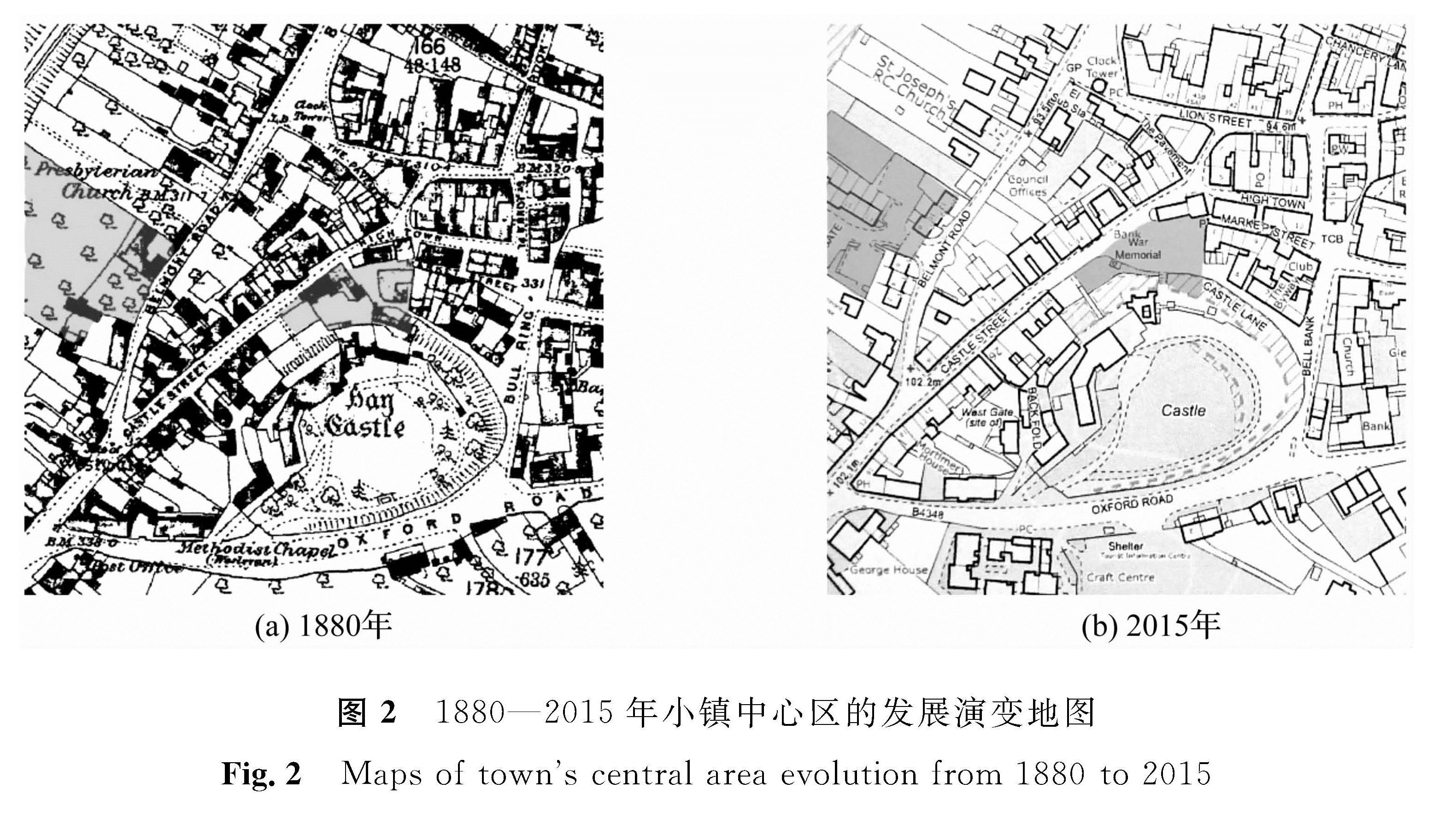 图2 1880—2015年小镇中心区的发展演变地图<br/>Fig.2 Maps of town's central area evolution from 1880 to 2015