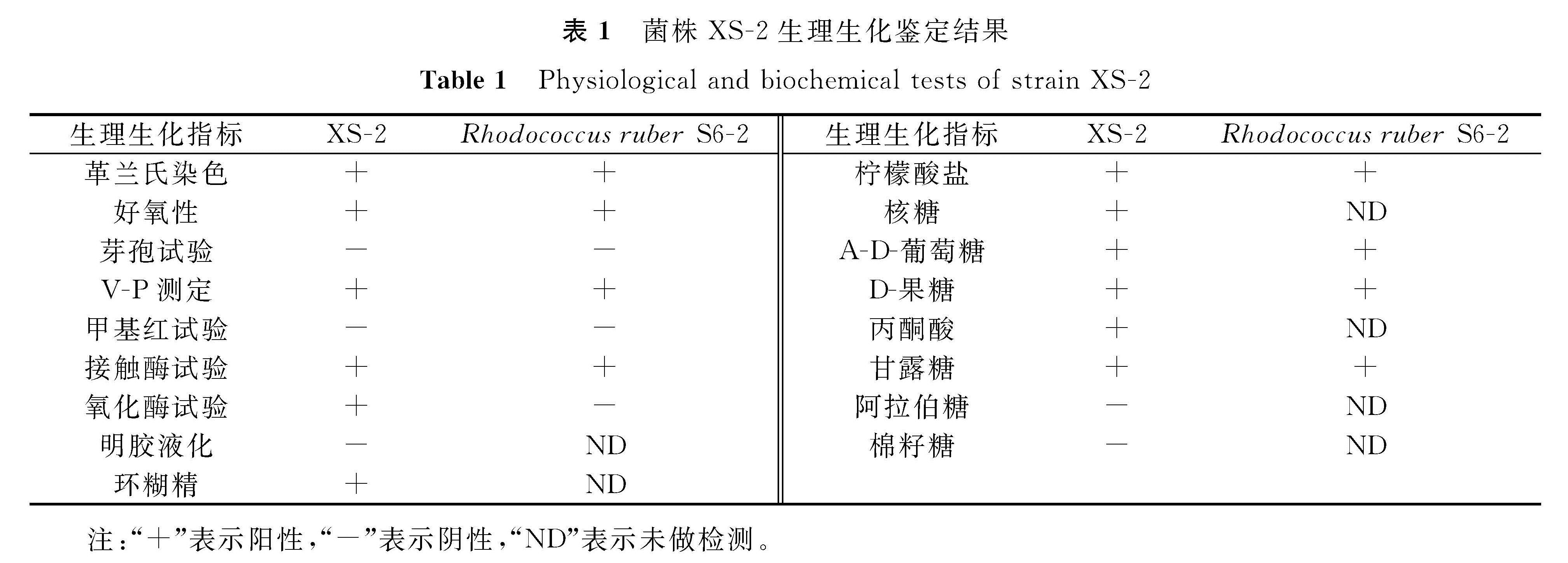 表1 菌株XS -2生理生化鉴定结果<br/>Table 1 Physiological and biochemical tests of strain XS -2