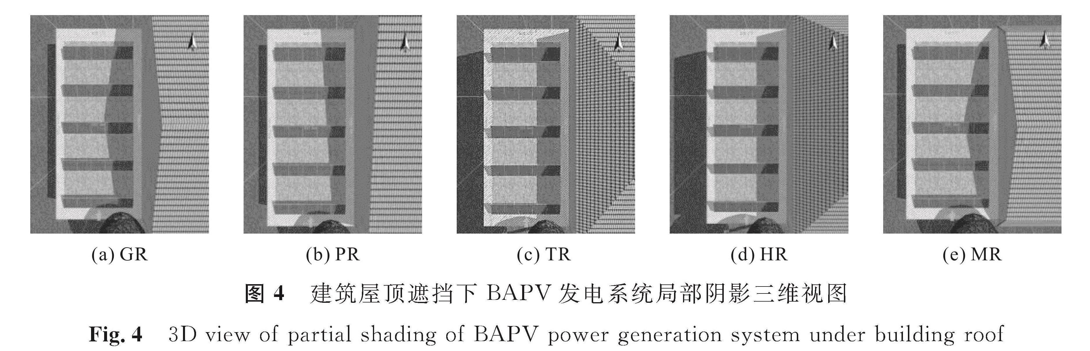 图4 建筑屋顶遮挡下BAPV发电系统局部阴影三维视图<br/>Fig.4 3D view of partial shading of BAPV power generation system under building roof