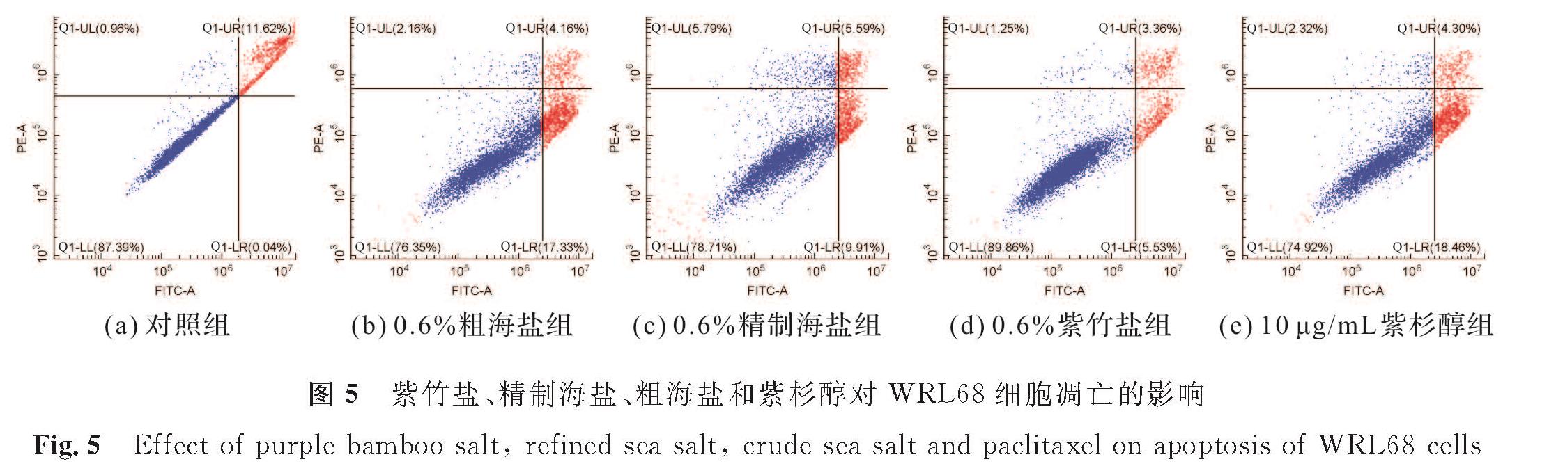 图5 紫竹盐、精制海盐、粗海盐和紫杉醇对WRL68细胞凋亡的影响<br/>Fig.5 Effect of purple bamboo salt, refined sea salt, crude sea salt and paclitaxel on apoptosis of WRL68 cells