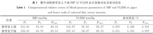 表1 髂外动脉狭窄处上下端IBP与VLBM血压参数对比及相对误差<br/>Table 1 Comparisonand relative errors of blood pressure parameters of IBP and VLBM at upper and lower ends of external iliac artery stenosis