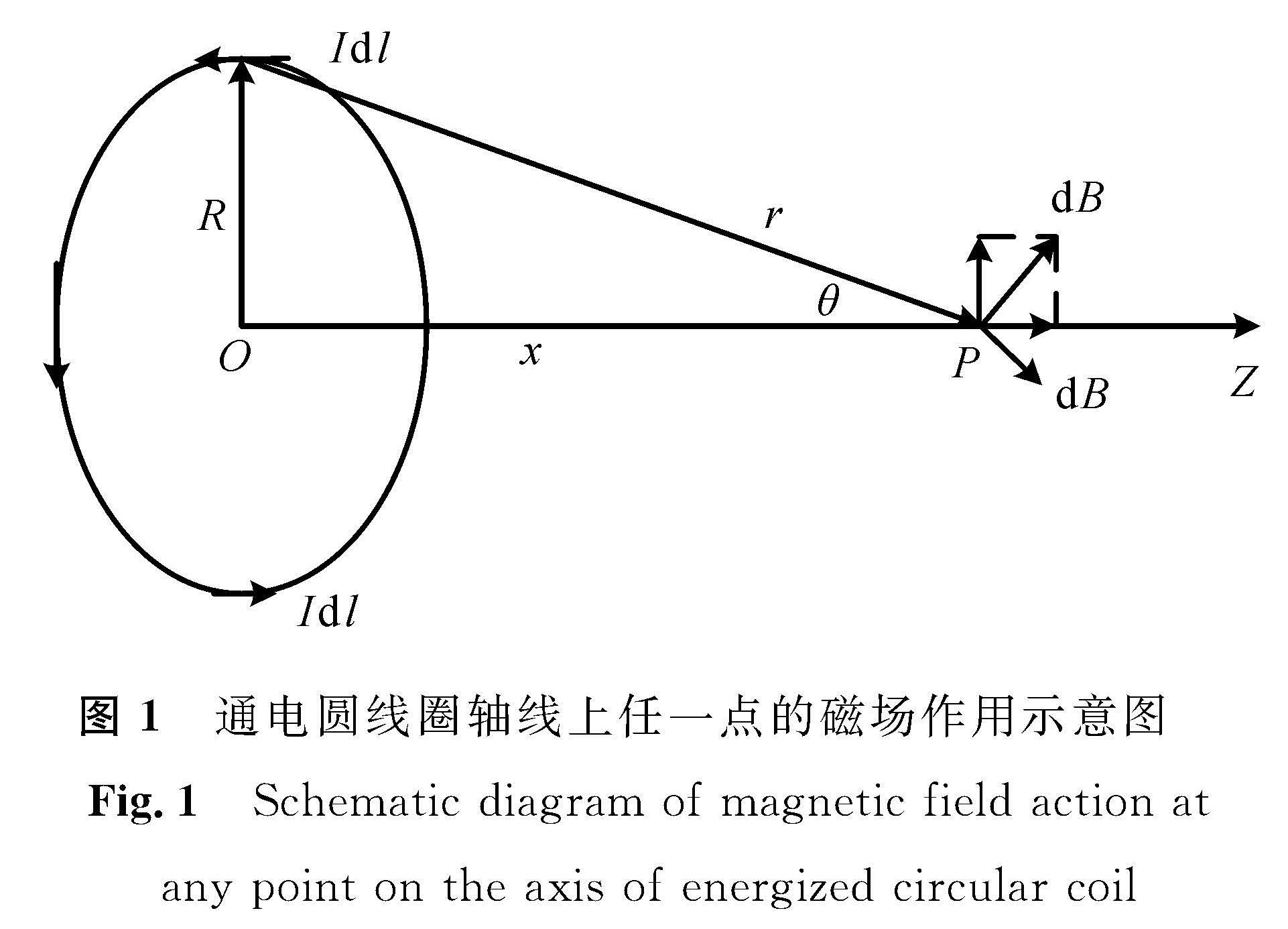 图1 通电圆线圈轴线上任一点的磁场作用示意图<br/>Fig.1 Schematic diagram of magnetic field action at any point on the axis of energized circular coil